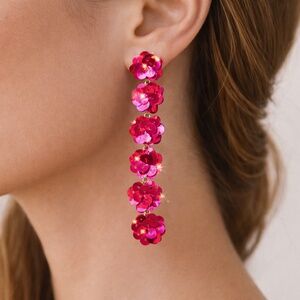 BaubleBar Hot Pink Sequin Floral Drop Earrings 4” Dangle Bold Glam Party